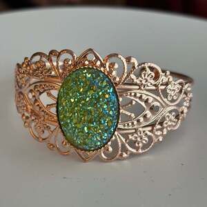 Rose Gold Tone Filigree Cuff Bracelet with Lime Green Druzy Oval Stone